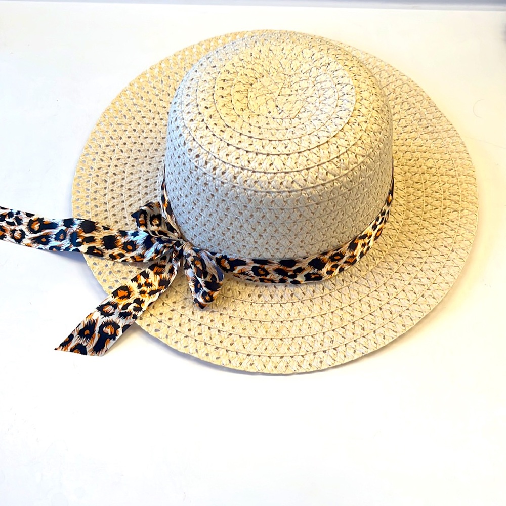 Cute Straw color Summer Hat, Cheetah Print Satin Hat Band